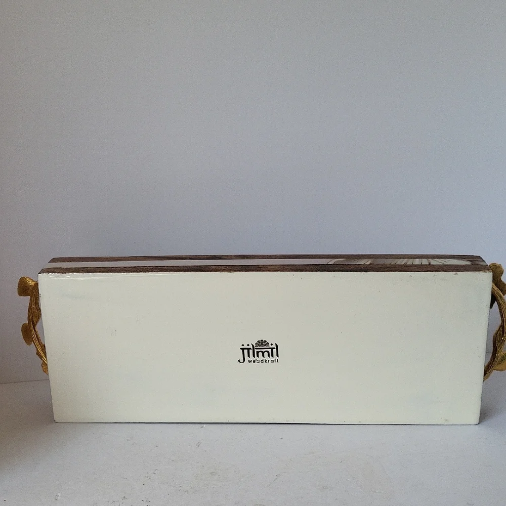 Jilmilwoodkraft India Wood Floral Dresser Tray with Gold Floral Handles